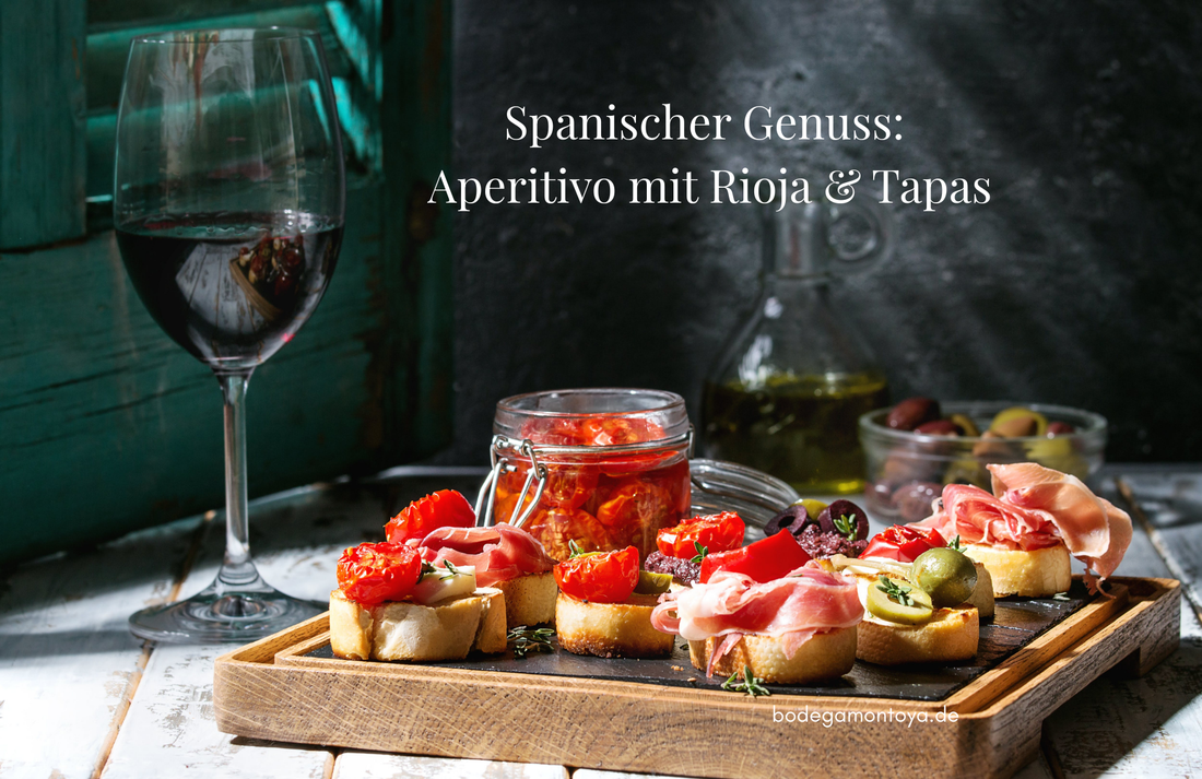 Spanischer Aperitivo mit einem Glas Wein, belegten Brötchen, Olivenöl und frischen Oliven.